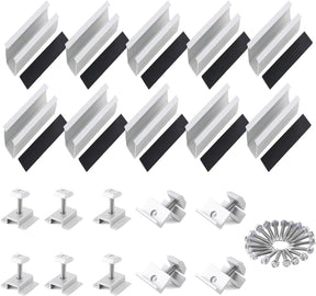 Silver solar panel mounting brackets and mini rail kit for four panels