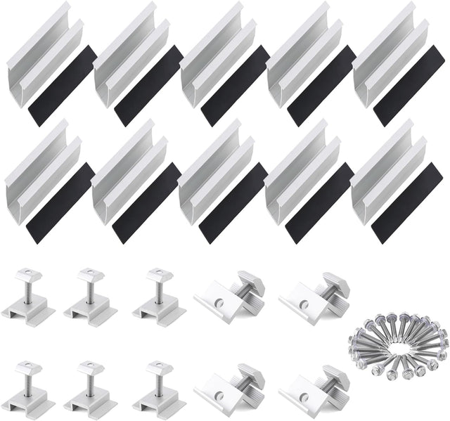 Silver solar panel mounting brackets and mini rail kit for four panels