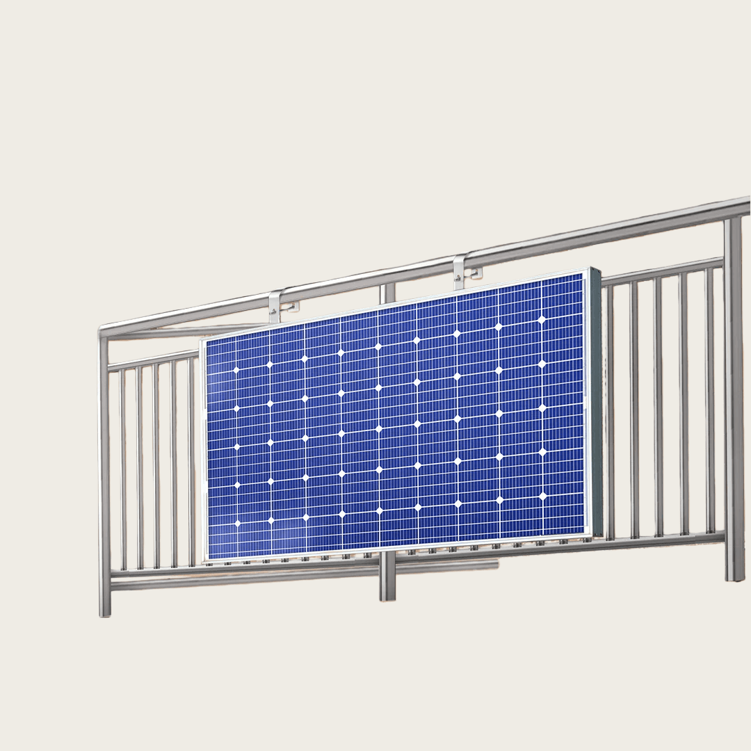 Wide view of a framed solar panel hanging from two hooks on a metal balcony rail.