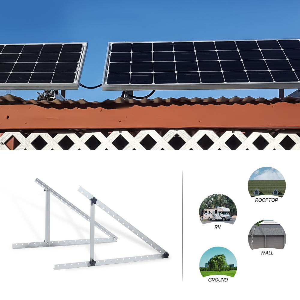 Solar panel tilt mount bracket with rooftop setup and RV, roof, wall, and ground application icons