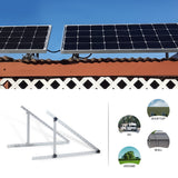 Solar panel tilt mount bracket with rooftop setup and RV, roof, wall, and ground application icons