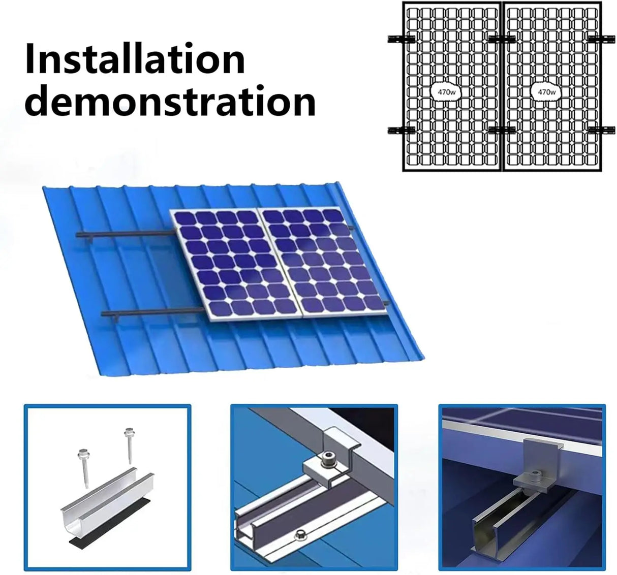 Solar rail modules with mid and end clamps arranged on a roof panel layout