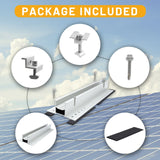 Aluminum solar rail sections with end clamps and fastening hardware