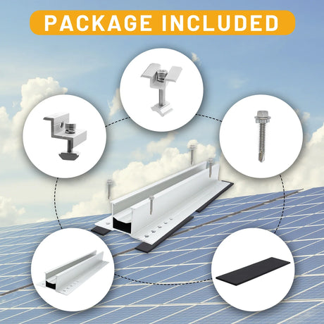 Aluminum solar rail sections with end clamps and fastening hardware