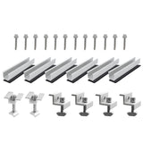 Four aluminum solar rails with mid clamps, end clamps, and fastening hardware