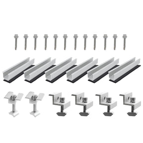 Four aluminum solar rails with mid clamps, end clamps, and fastening hardware