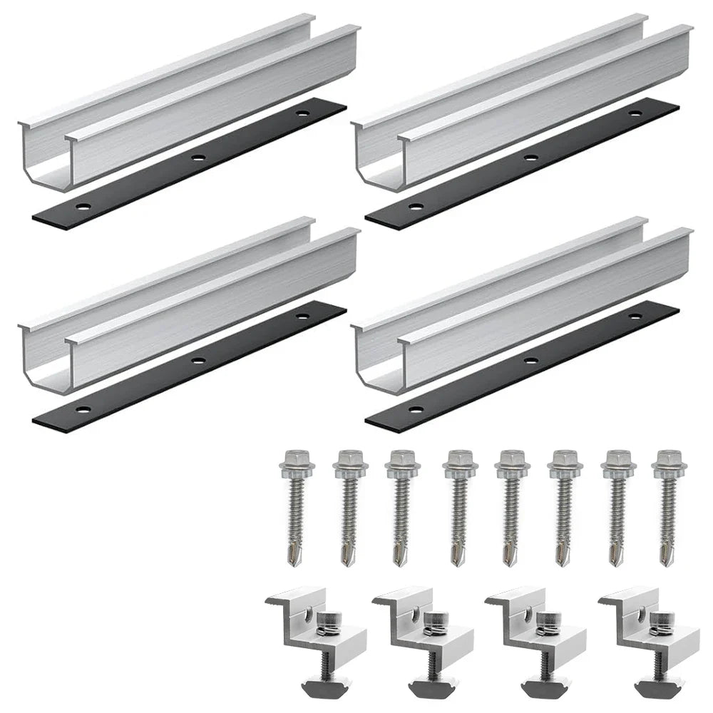 Six aluminum solar rails with mid clamps, end clamps, and fastening hardware