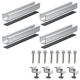 Six aluminum solar rails with mid clamps, end clamps, and fastening hardware