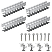 Seks solcelleskinner i aluminium med mellomklemmer, endeklemmer og festemateriell