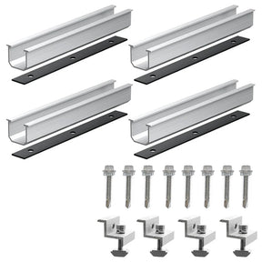 Six aluminum solar rails with mid clamps, end clamps, and fastening hardware
