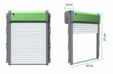 Green roll-up chicken coop door with overall dimensions of 37cm high, 30cm wide and 10cm deep