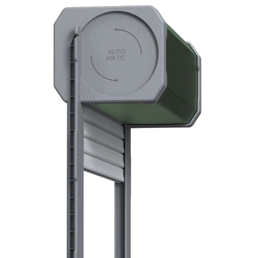 Side close-up of the green coop door roller housing and shutter guide