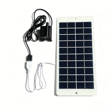 Black USB water pump connected to the white solar panel