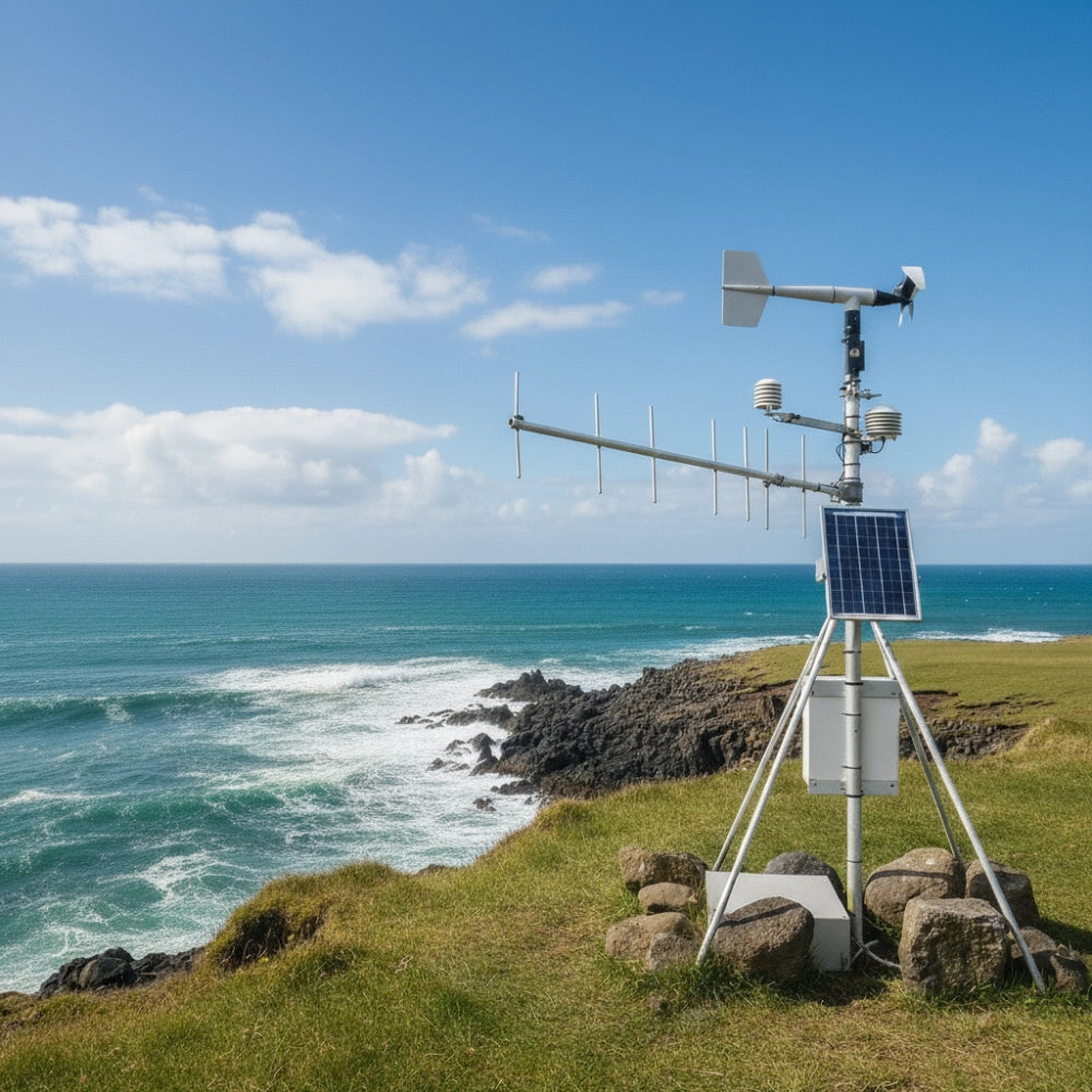 solar powered weather monitoring station near ocean coastline