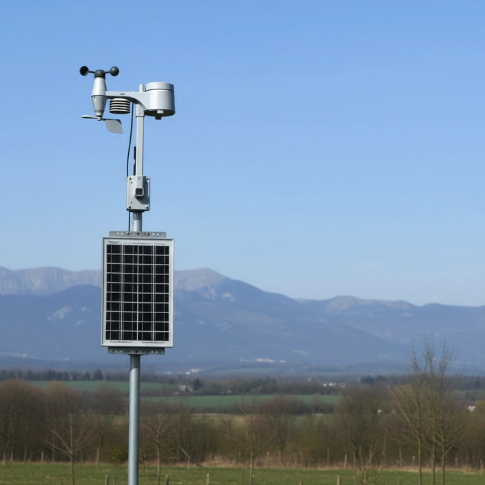 solar powered environmental sensor station in open countryside