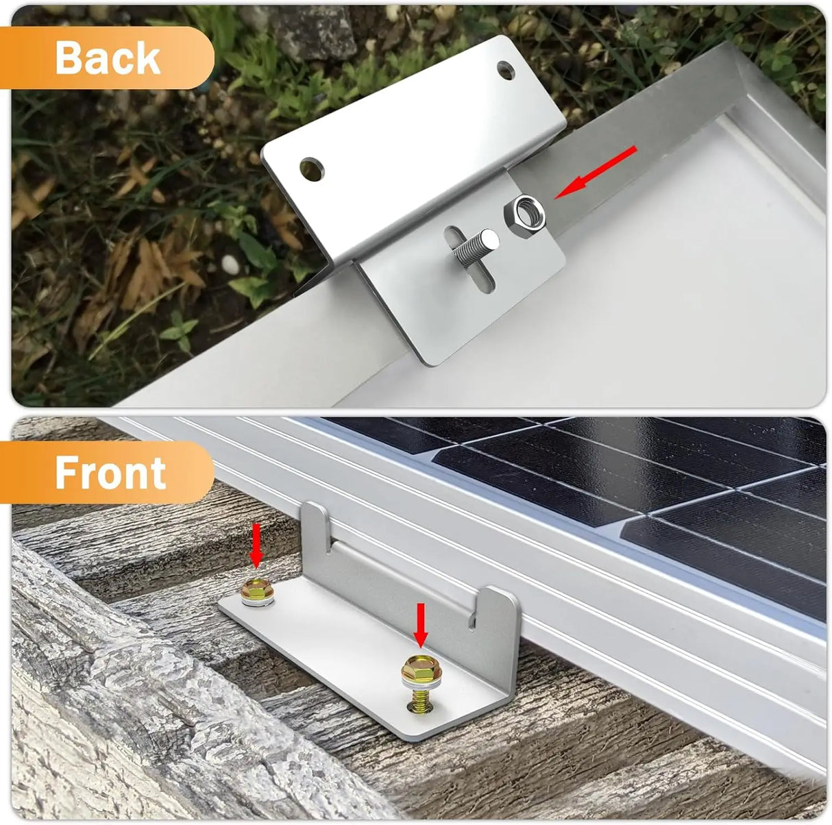Front and rear views of aluminum Z brackets attached to a solar panel frame