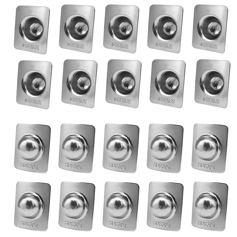 Twenty stainless steel dome bolt caps arranged on a white background