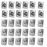 Thirty stainless steel dome bolt caps arranged on a white background