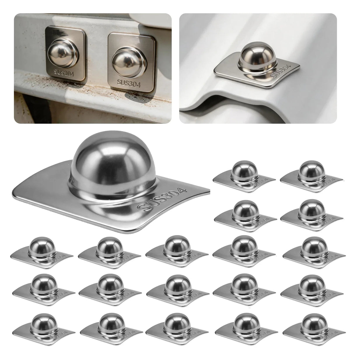 Stainless steel dome bolt caps fitted over exposed fastener heads