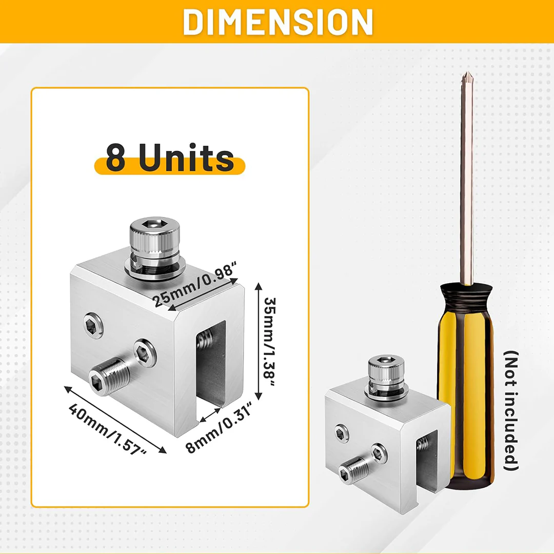 Dimension diagram of the clamp with “8 units” note and a screwdriver for scale.