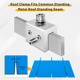 Fit guide showing the clamp across a standing seam with insets indicating required seam cap and height.
