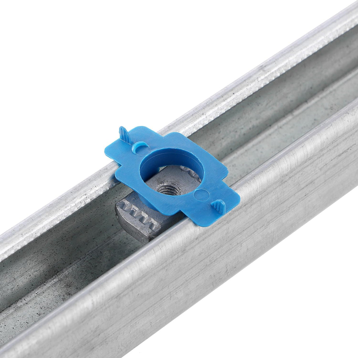 Channel nut and blue retainer positioned inside a strut channel
