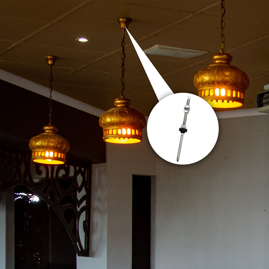 SUS304 hanger bolt displayed for ceiling and wooden beam fastening, with M10 nuts and weather-resistant EPDM sealing.