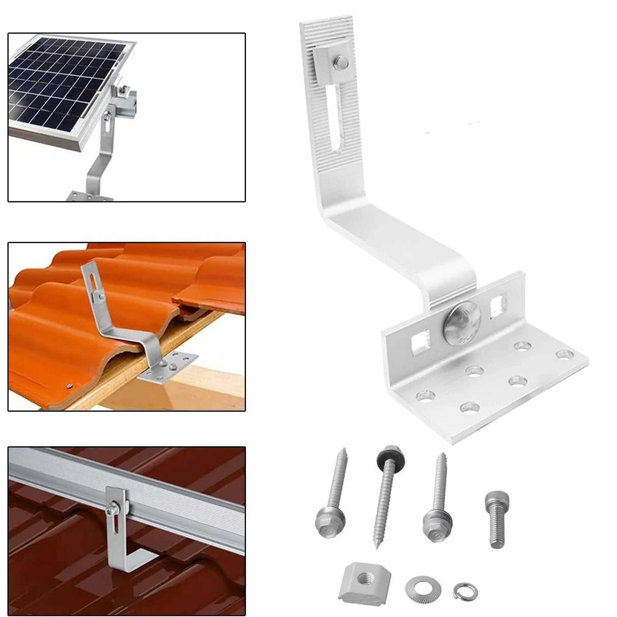 Adjustable solar panel roof hook installation examples for tile roofs and PV rails
