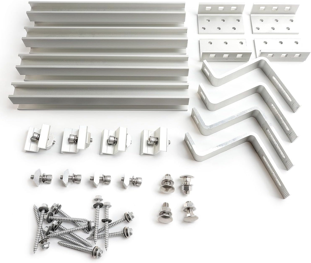 Tile roof solar panel mounting kit with rails, hooks, clamps, and fasteners