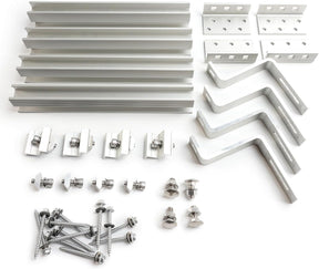 Tile roof solar panel mounting kit with rails, hooks, clamps, and fasteners