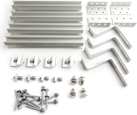 Tile roof solar panel mounting kit with rails, hooks, clamps, and fasteners