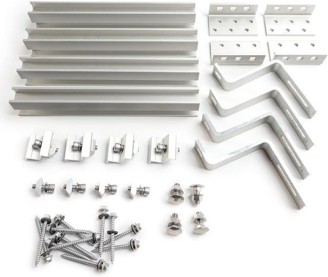 Tile roof solar panel mounting kit with rails, hooks, clamps, and fasteners