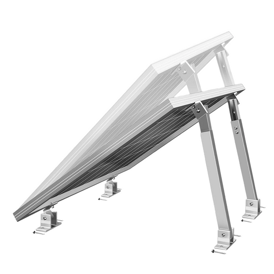 Side view of adjustable tilt mount with telescopic legs supporting a framed solar panel.