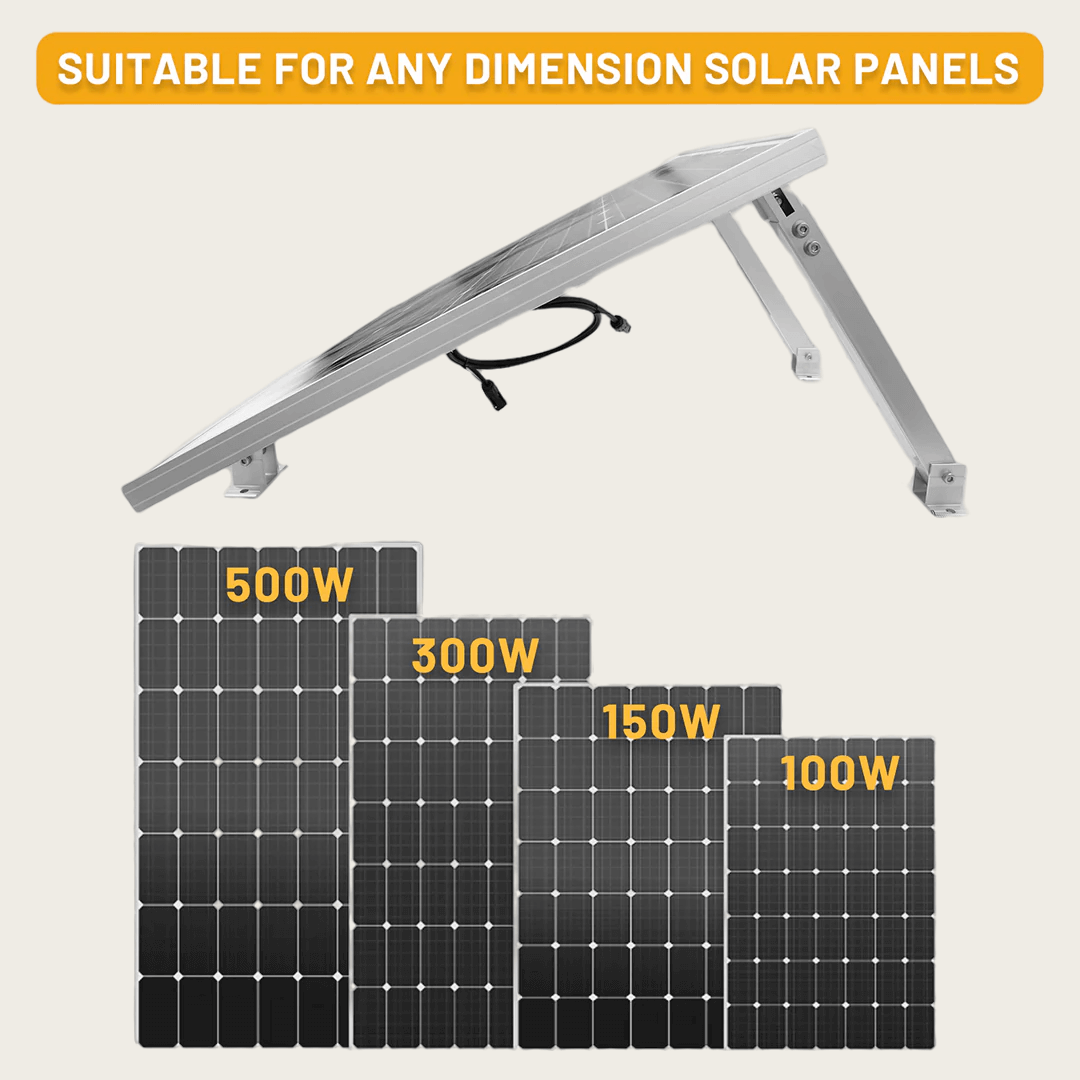 Compatibility image showing use with 100 W, 150 W, 300 W, and 500 W solar panels.