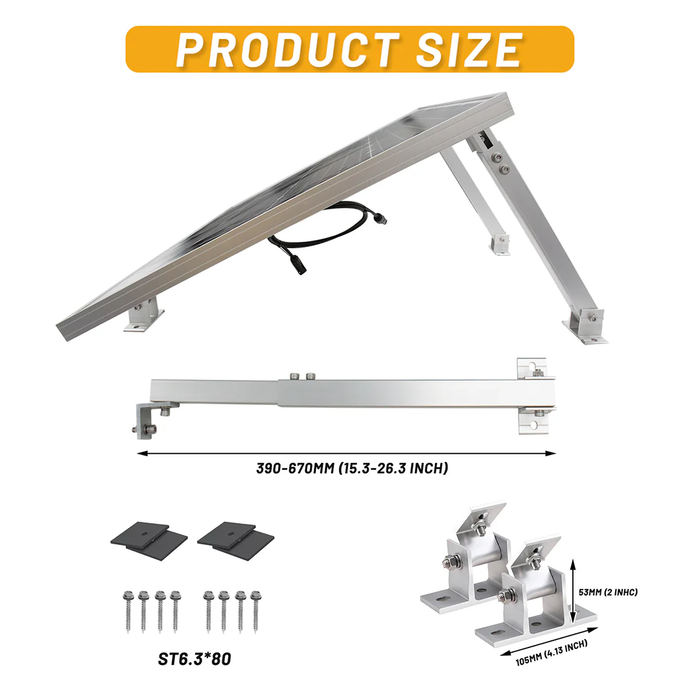 Product size graphic with leg length range, included screws, pads, and base hinges.