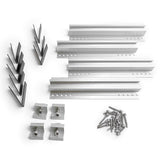 Full kit contents: aluminum mini rails, end/mid clamps, screws, and pads.