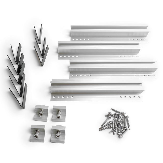 Full kit contents: aluminum mini rails, end/mid clamps, screws, and pads.