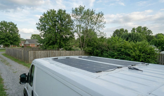 flexible solar panels installed on van roof for mobile off grid charging