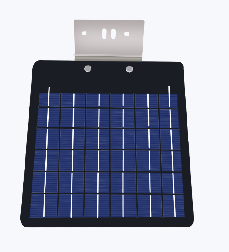 Illustration of a small solar panel mounted to a wall using the bracket, front view.