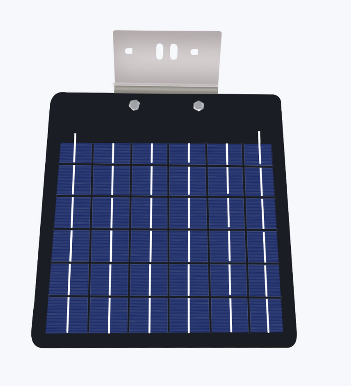Illustration of a small solar panel mounted to a wall using the bracket, front view.