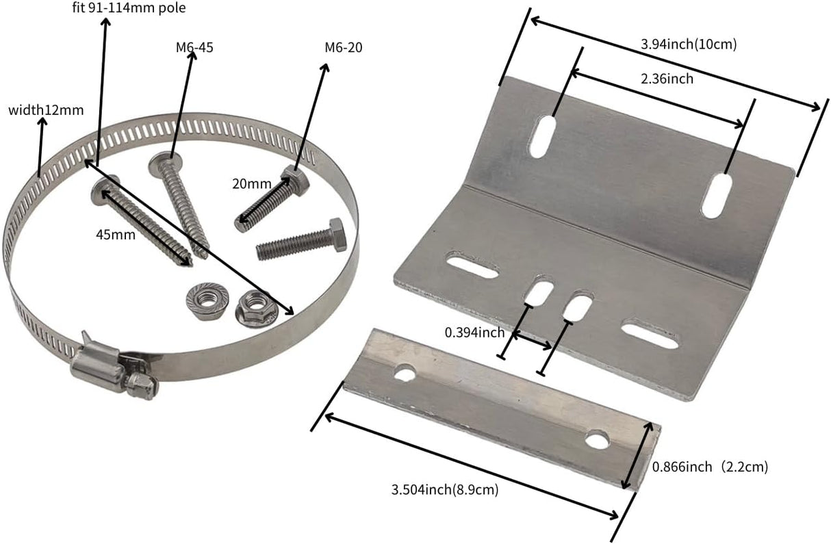 Dimension graphic for wall bracket, slotted strip, band clamp, and fasteners.