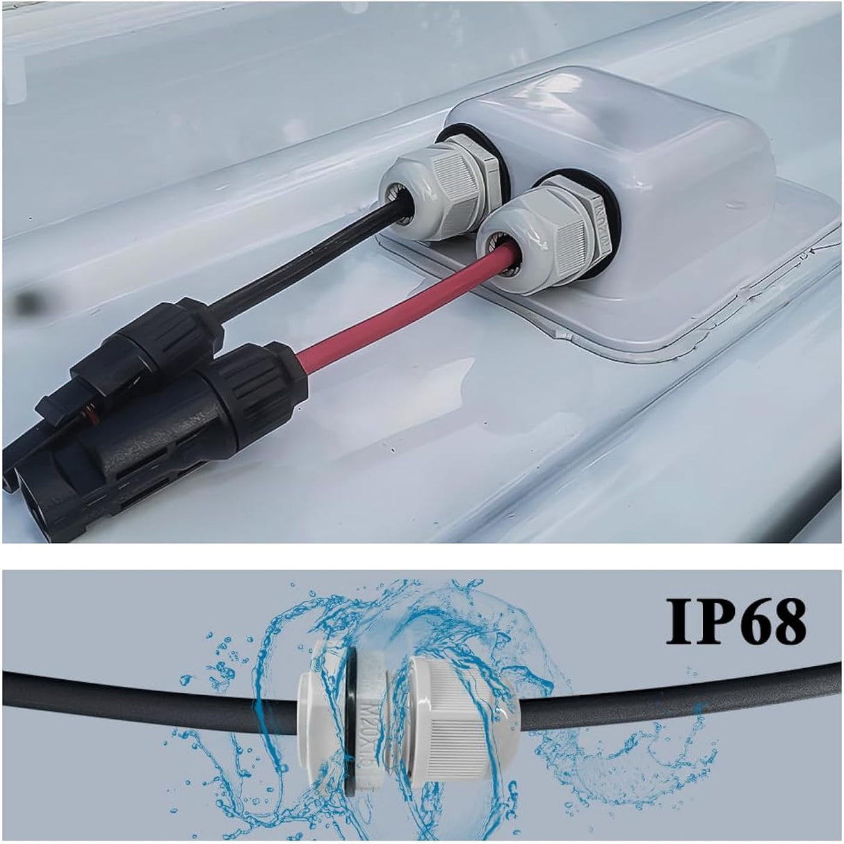 White solar cable entry gland installed with waterproof cable routing