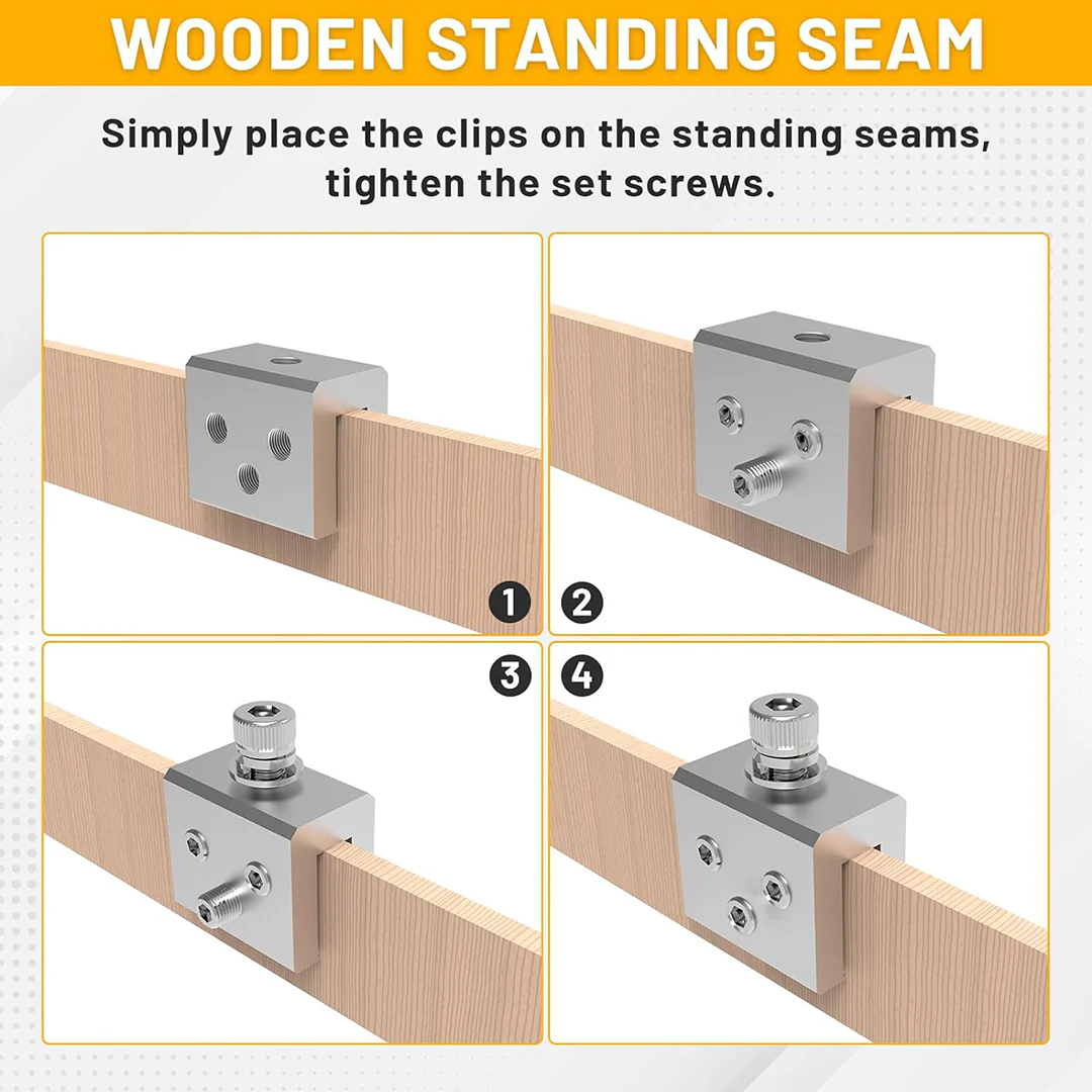 Four-step sequence showing how the clamp mounts on a wooden standing seam and tightens with set screws.