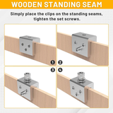 Four-step sequence showing how the clamp mounts on a wooden standing seam and tightens with set screws.
