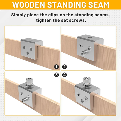 Four-step sequence showing how the clamp mounts on a wooden standing seam and tightens with set screws.