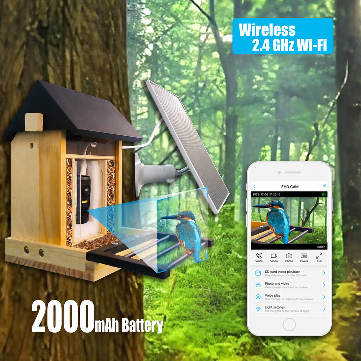 Wooden bird feeder with camera, 2.4 GHz Wi-Fi, 2000mAh battery and mobile viewing display
