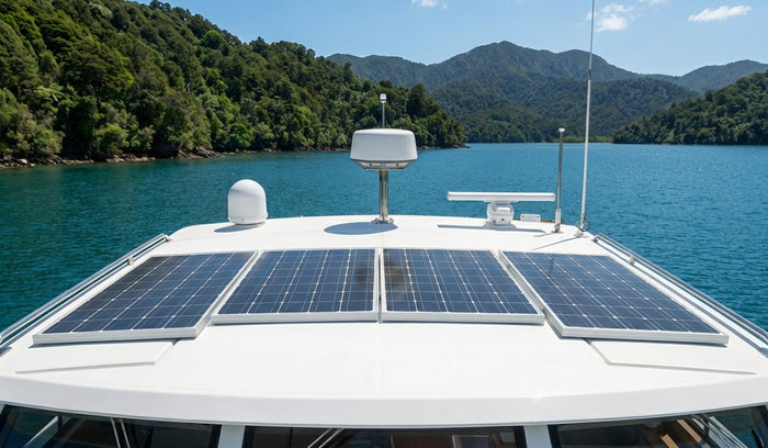 solar panel array installed on yacht roof at mountain lake