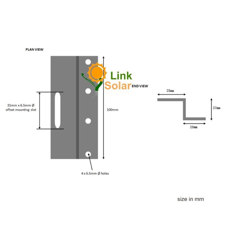 Dimension drawing of the Z-bracket with labeled lengths and slot size.