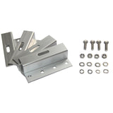 Set of four aluminum Z-brackets with bolts, nuts and washers laid out.